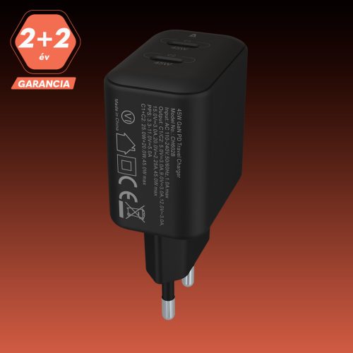AVAX CH602B SPEEDY+ 45W GaN gyors töltő adapter 2x USB-C (PD3.0), fekete