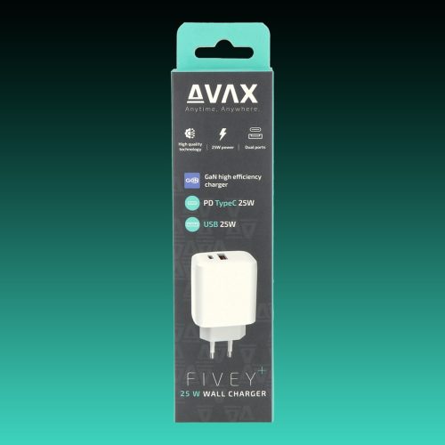 AVAX CH631W FIVEY+ 25W GaN Hálózati Gyorstöltő adapter USB-C (PD)+USB A (QC), fehér