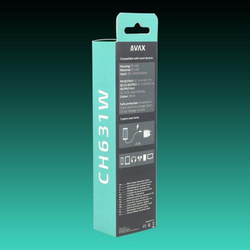 AVAX CH631W FIVEY+ 25W GaN Gyors hálózati töltő USB A (QC)+Type C (PD), fehér
