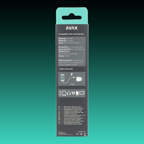 AVAX CH631W FIVEY+ 25W GaN Gyors hálózati töltő USB A (QC)+Type C (PD), fehér