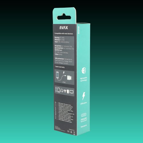 AVAX CH631W FIVEY+ 25W GaN Gyors hálózati töltő USB A (QC)+Type C (PD), fehér