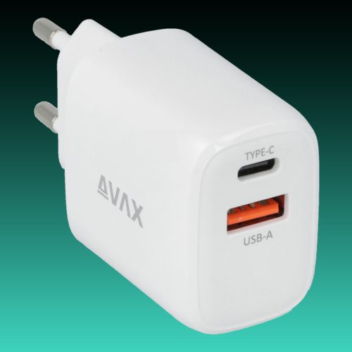 AVAX CH631W FIVEY+ 25W GaN Gyors hálózati töltő USB A (QC)+Type C (PD), fehér
