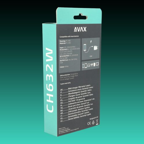 AVAX CH632W FIVEY+ 45W GaN Gyors hálózati töltő USB A (QC)+Type C (PD), fehér