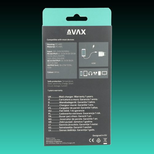 AVAX CH632W FIVEY+ 45W GaN Gyors hálózati töltő USB A (QC)+Type C (PD), fehér