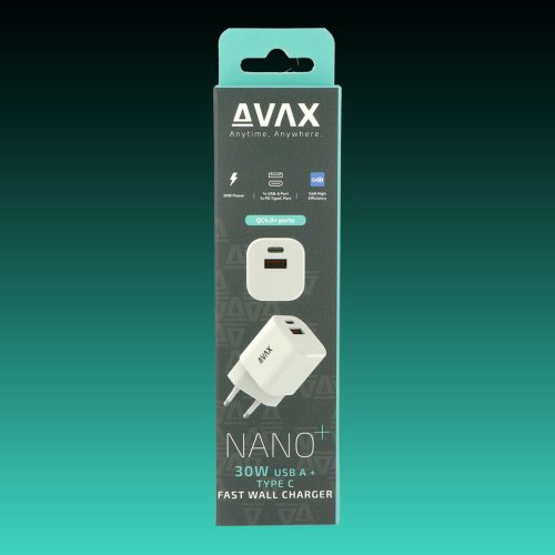AVAX CH640W NANO+ 30W GaN Hálózati Gyorstöltő adapter USB-C (PD3.0)+ USB A (QC4.0+), fehér