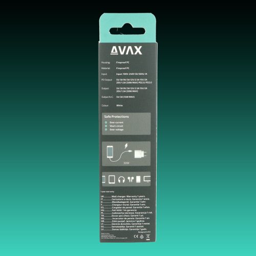 AVAX CH640W NANO+ 30W GaN Gyors hálózati töltő USB A (QC4.0+)+ Type C (PD3.0), fehér