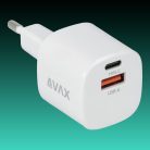 AVAX CH640W NANO+ 30W GaN Hálózati Gyorstöltő adapter USB-C (PD3.0)+ USB A (QC4.0+), fehér