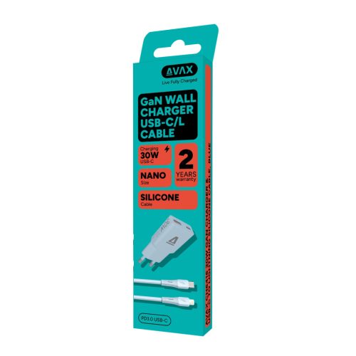AVAX CH6416 30W GaN töltő és USB-C–Lightning szilikon kábel, világoskék