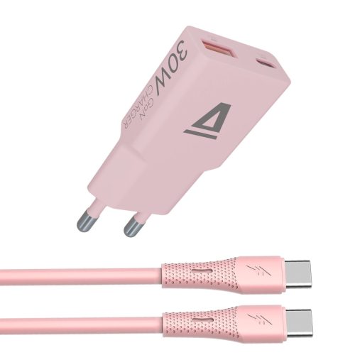 AVAX CH6417 30W GaN töltő és 60W USB-C szilikon kábel csomag, rózsaszín