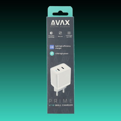 AVAX CH900W PRIME 47W GaN USB-C töltőadapter, gyorstöltő (PD), fehér