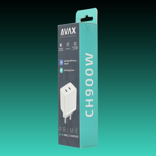 AVAX CH900W PRIME 47W GaN gyors hálózati töltő 2x Type C (PD), fehér