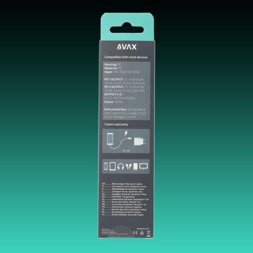 AVAX CH900W PRIME 47W GaN gyors hálózati töltő 2x Type C (PD), fehér