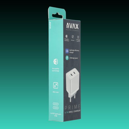 AVAX CH900W PRIME 47W GaN gyors hálózati töltő 2x Type C (PD), fehér