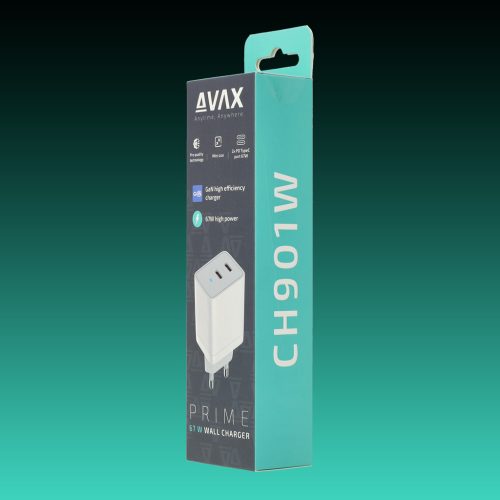AVAX CH901W PRIME 67W GaN gyors hálózati töltő 2x Type C (PD), fehér