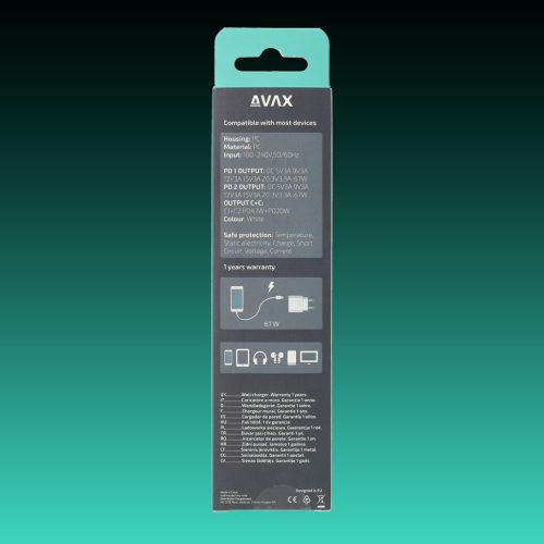 AVAX CH901W PRIME 67W GaN gyors hálózati töltő 2x Type C (PD), fehér