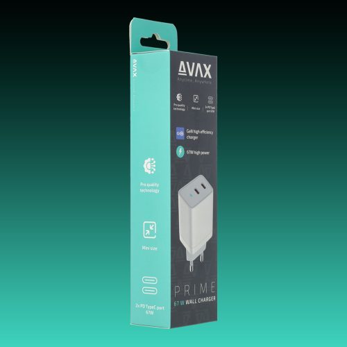 AVAX CH901W PRIME 67W GaN gyors hálózati töltő 2x Type C (PD), fehér