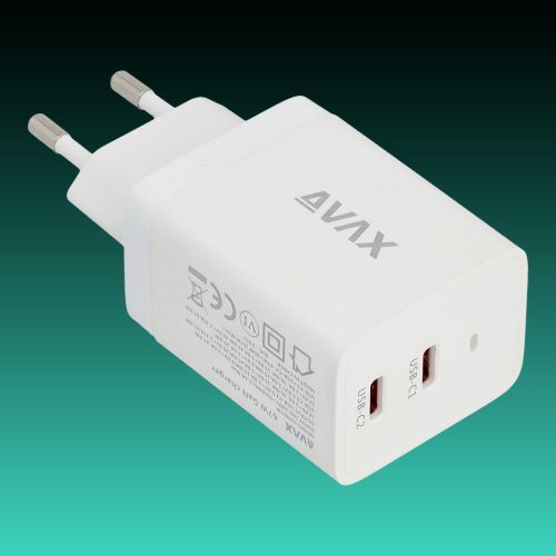 AVAX CH901W PRIME 67W GaN gyors hálózati töltő 2x Type C (PD), fehér