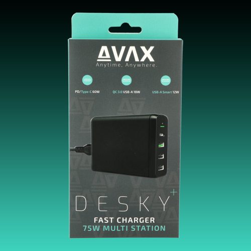 AVAX DC611 DESKY+ 75W Asztali Gyorstöltő adapter, USB-C 60W, QC 3.0 18W, 2xUSB A 12W
