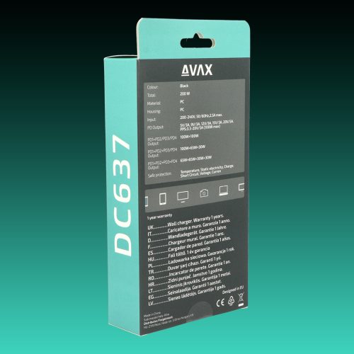 AVAX DC637 DESKY+ 200W GaN gyorstöltő elosztó 4xType C (PD 3.0)