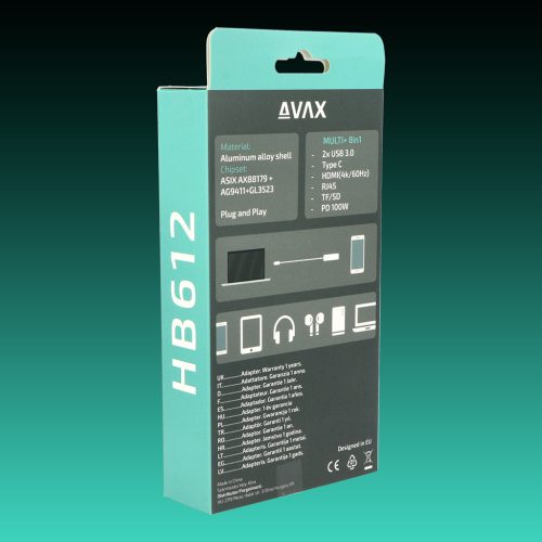 AVAX HB612 CONNECT+ 8in1 Multi HUB 2xUSB 3.0, TypeC, HDMI(4K/60Hz), RJ45, TF/SD, PD 100W