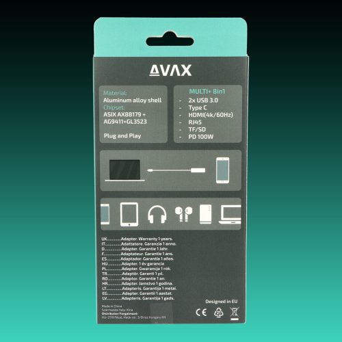 AVAX HB612 CONNECT+ 8in1 Multi HUB 2xUSB 3.0, TypeC, HDMI(4K/60Hz), RJ45, TF/SD, PD 100W