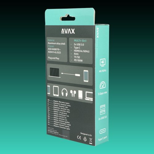 AVAX HB612 CONNECT+ 8in1 Multi HUB 2xUSB 3.0, TypeC, HDMI(4K/60Hz), RJ45, TF/SD, PD 100W