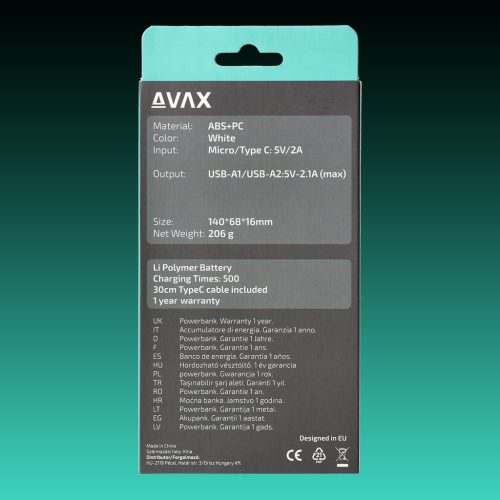 AVAX PB-103W LIGHTY 8.000mAh Type C powerbank,fehér
