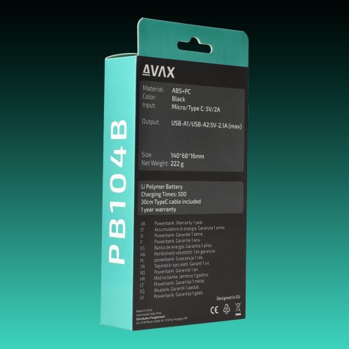 AVAX PB-104B LIGHTY 10.000mAh Type C powerbank,fekete