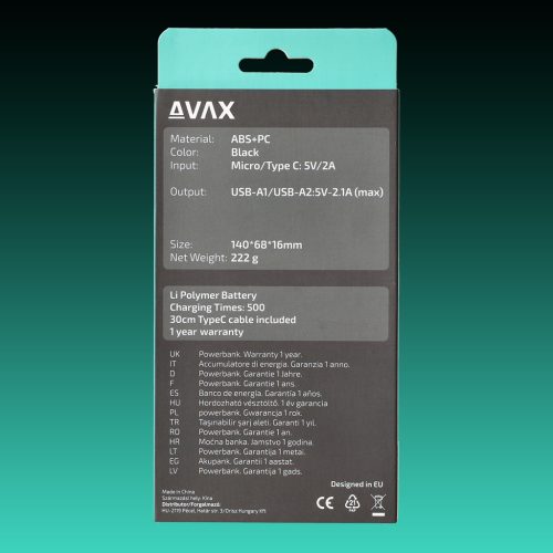AVAX PB-104B LIGHTY 10.000mAh Type C powerbank,fekete