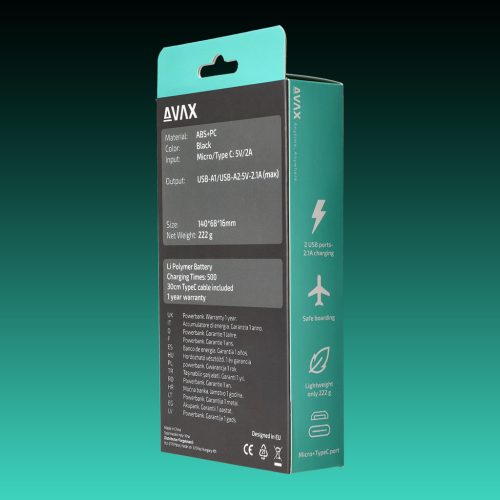 AVAX PB-104B LIGHTY 10.000mAh Type C powerbank,fekete