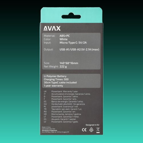 AVAX PB-104W LIGHTY 10.000mAh Type C powerbank,fehér