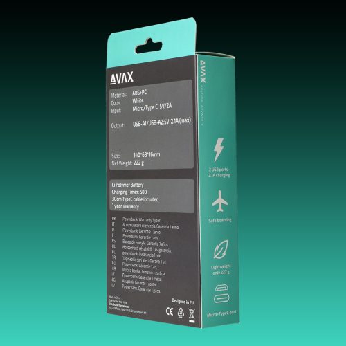 AVAX PB-104W LIGHTY 10.000mAh Type C powerbank,fehér