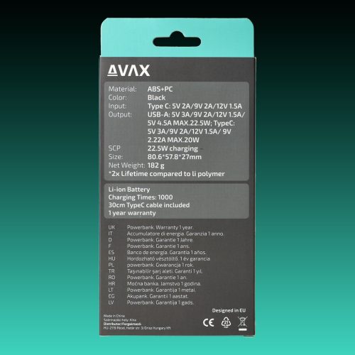 AVAX PB-105B MINI PD/Type C 20W 10.000mAh gyorstöltő powerbank,fekete