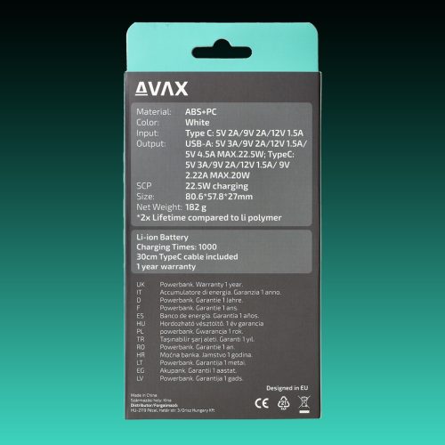 AVAX PB-105W MINI PD/Type C 20W 10.000mAh gyorstöltő powerbank,fehér