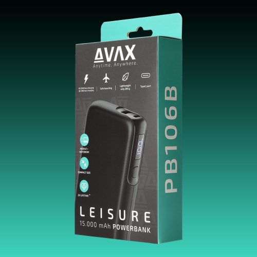 AVAX PB-106B LEISURE PD/Type C 30W+QC 18W 15.000mAh gyorstöltő powerbank,fekete