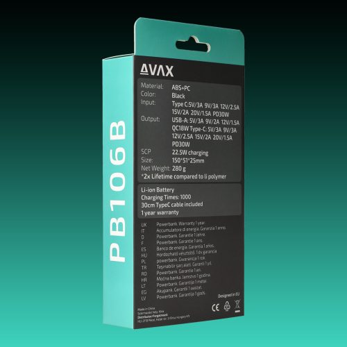 AVAX PB-106B LEISURE PD/Type C 30W+QC 18W 15.000mAh gyorstöltő powerbank,fekete
