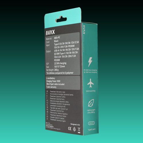 AVAX PB-106B LEISURE PD/Type C 30W+QC 18W 15.000mAh gyorstöltő powerbank,fekete