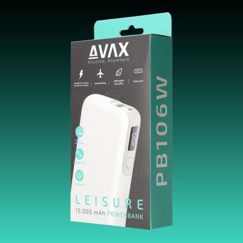 AVAX PB-106W LEISURE PD/Type C 30W+QC 18W 15.000mAh gyorstöltő powerbank,fehér