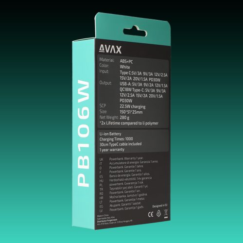 AVAX PB-106W LEISURE PD/Type C 30W+QC 18W 15.000mAh gyorstöltő powerbank,fehér