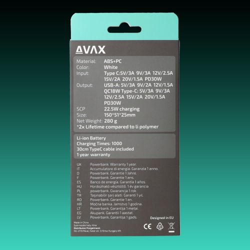 AVAX PB-106W LEISURE PD/Type C 30W+QC 18W 15.000mAh gyorstöltő powerbank,fehér
