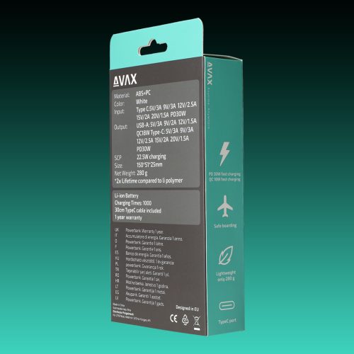 AVAX PB-106W LEISURE PD/Type C 30W+QC 18W 15.000mAh gyorstöltő powerbank,fehér