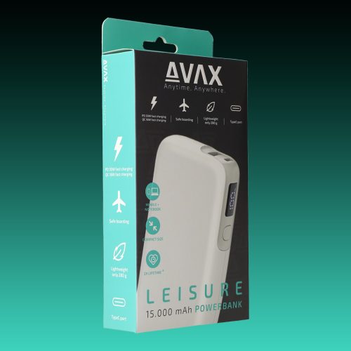 AVAX PB-106W LEISURE PD/Type C 30W+QC 18W 15.000mAh gyorstöltő powerbank,fehér