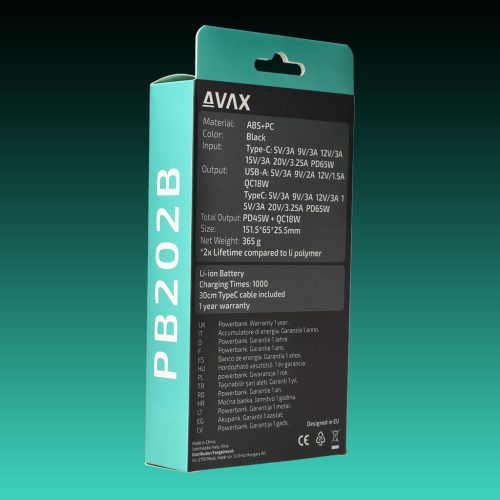 AVAX PB-202B VITALITY PD/Type C 65W+QC 18W 20.000mAh gyorstöltő powerbank,fekete