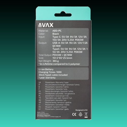 AVAX PB-202B VITALITY PD/Type C 65W+QC 18W 20.000mAh gyorstöltő powerbank,fekete