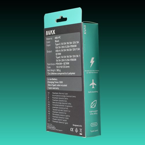AVAX PB-202B VITALITY PD/Type C 65W+QC 18W 20.000mAh gyorstöltő powerbank,fekete