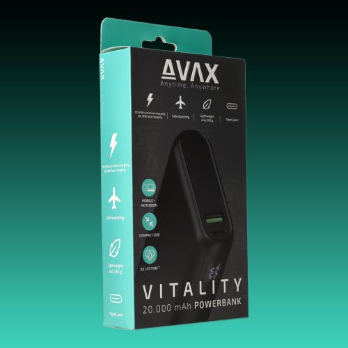 AVAX PB-202B VITALITY PD/Type C 65W+QC 18W 20.000mAh gyorstöltő powerbank,fekete