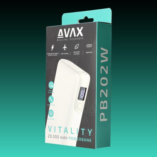 AVAX PB-202W VITALITY PD/Type C 65W+QC 18W 20.000mAh gyorstöltő powerbank,fehér