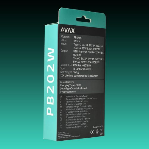 AVAX PB-202W VITALITY PD/Type C 65W+QC 18W 20.000mAh gyorstöltő powerbank,fehér