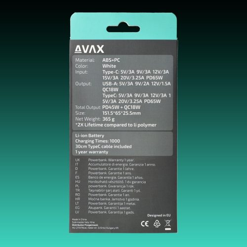 AVAX PB-202W VITALITY PD/Type C 65W+QC 18W 20.000mAh gyorstöltő powerbank,fehér