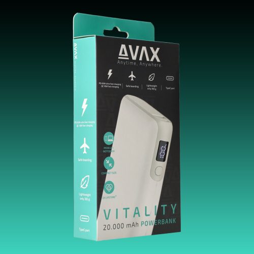 AVAX PB-202W VITALITY PD/Type C 65W+QC 18W 20.000mAh gyorstöltő powerbank,fehér